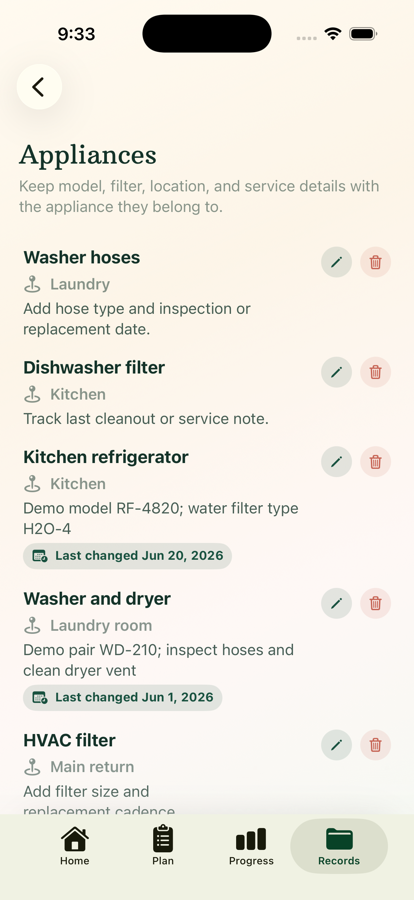 Huney Appliances page with household appliances and maintenance details